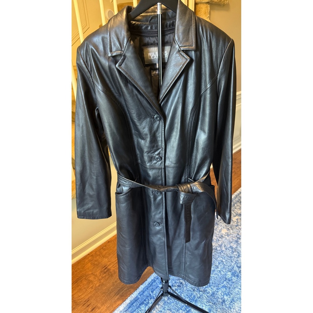 Wilsons Leather Women Black Trench Coat Thinsulate Lined Belted Jacket Large